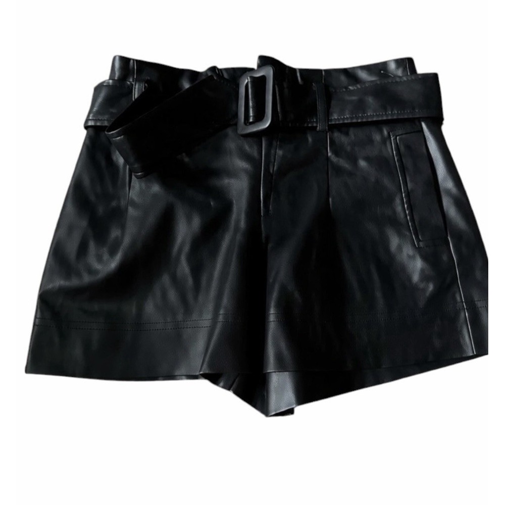 ZARA TRF Collection Paperbag Faux Leather Belted Shorts Black XS NWT